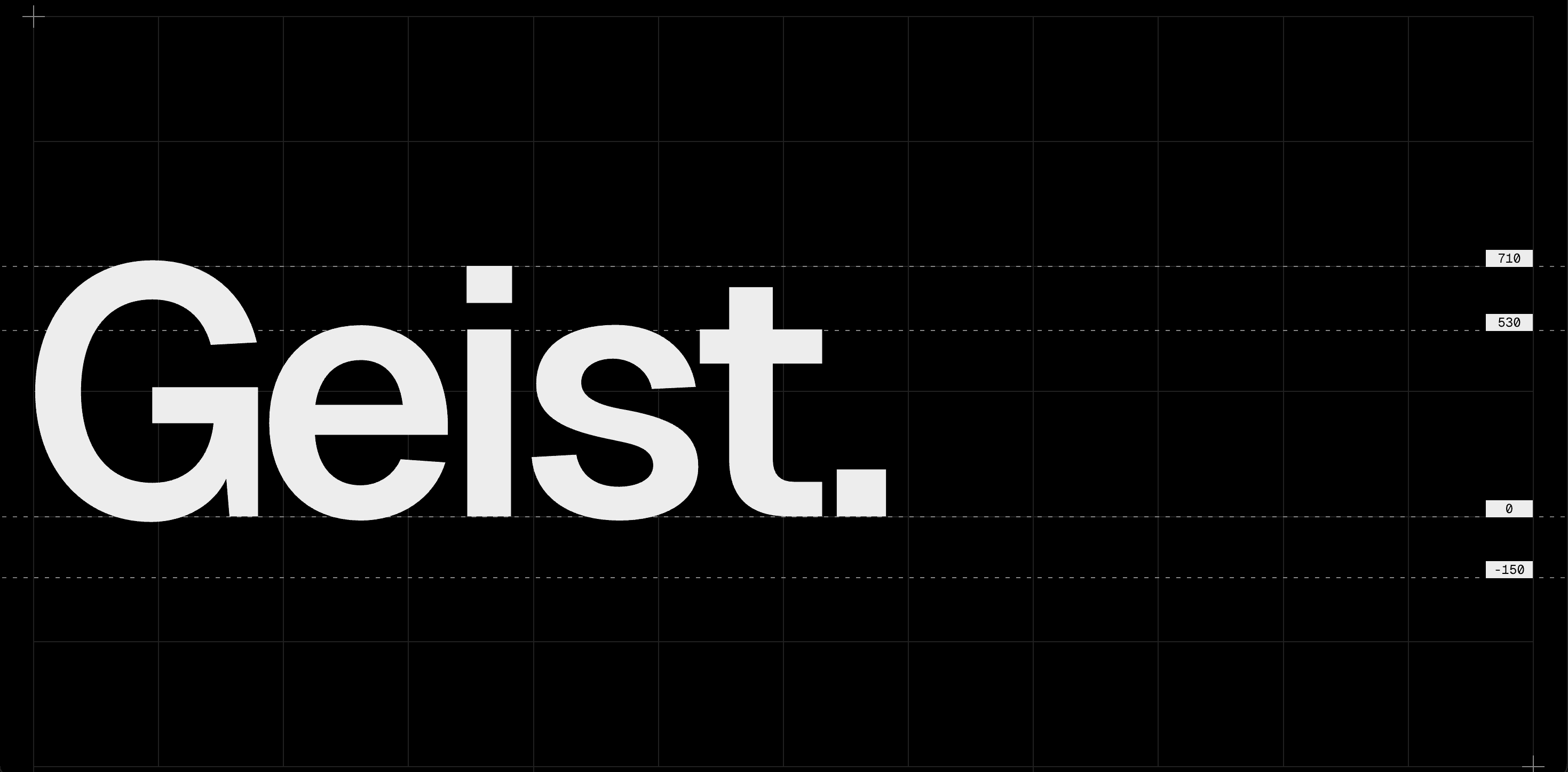 Geist. wordmark shown on a dark grid demonstrating the typeface proportions.